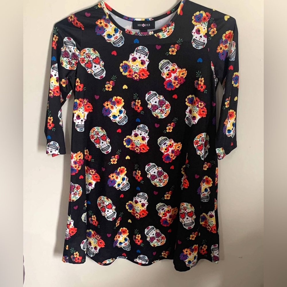 Amy Byer Girls Black Dress. Sugar Skulls, Flowers & Hearts. Size 14. NWOT